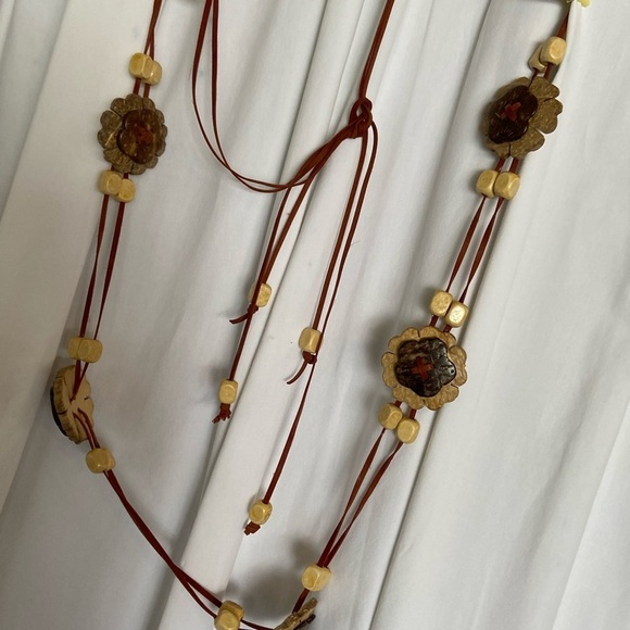 Fun Boho 72” Long Belt,Necklace,Wall Decor- Woden Flowers&Beads-Strung w/Leather - Picture 5 of 16